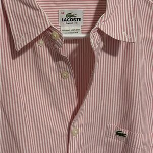 Lacoste Men's Pink and White Striped Button Down Shirt